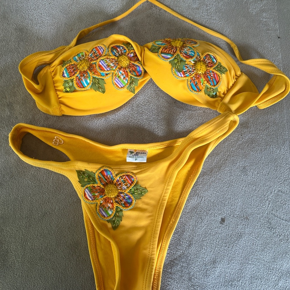 Yellow Floral Appliqué Bikini Set - Women Swim Bikini